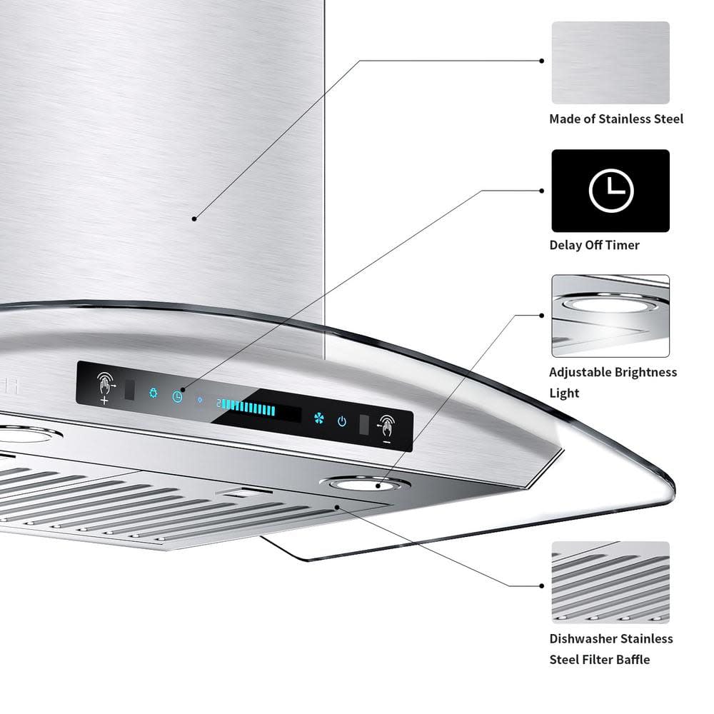 29.3 in. Wall Mount Range Hood Tempered Glass 900 CFM in Stainless Steel with LED Light and Remote Control