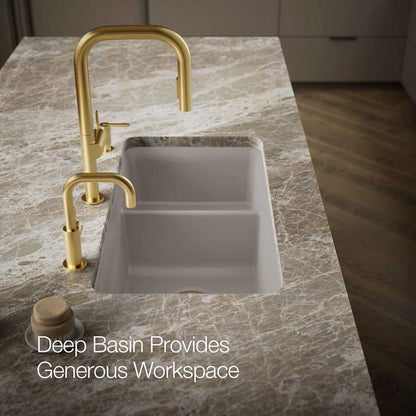 Cairn Slim Divide 33-1/2" Undermount Double Bowl Neoroc Granite Composite Kitchen Sink with Large Bowl Sink Rack