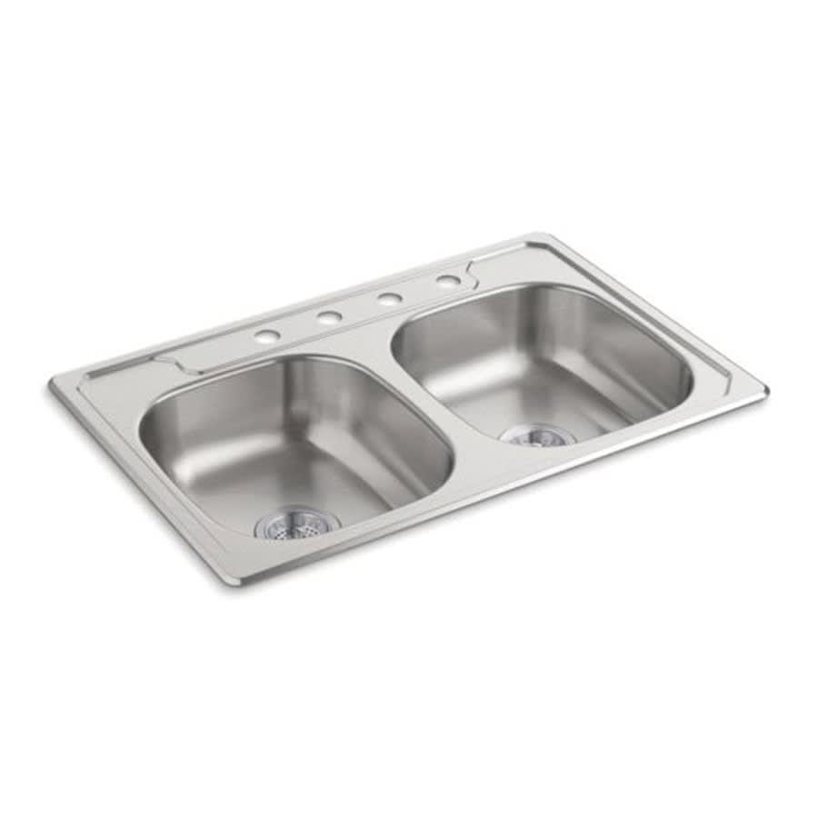 Middleton® Double Bowl Kitchen Sink, Top Mount, ADA, 33 x 22 in, 6 in Bowl Depth, 4-Hole, 20 ga Luster Steel, Stainless