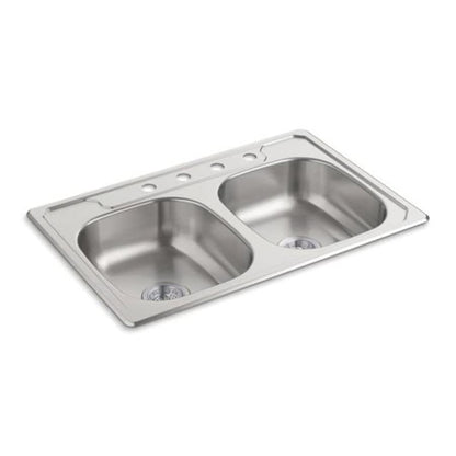 Middleton® Double Bowl Kitchen Sink, Top Mount, ADA, 33 x 22 in, 6 in Bowl Depth, 4-Hole, 20 ga Luster Steel, Stainless