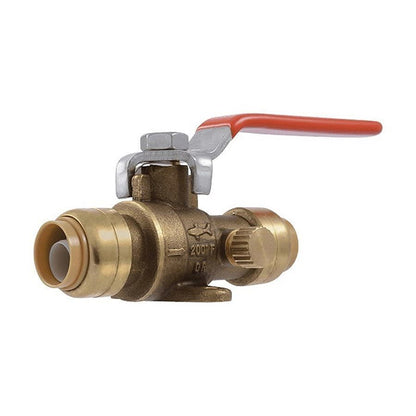 1-Piece Ball Valve With Drain, 1/2 in, Push, Full Port, Plated Brass Ball, Brass