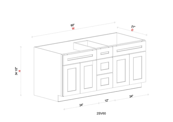 Vanity Double Sink Base Cabinet with Drawers - 60"W * 34- 1/2"H * 21"D - 3DRW