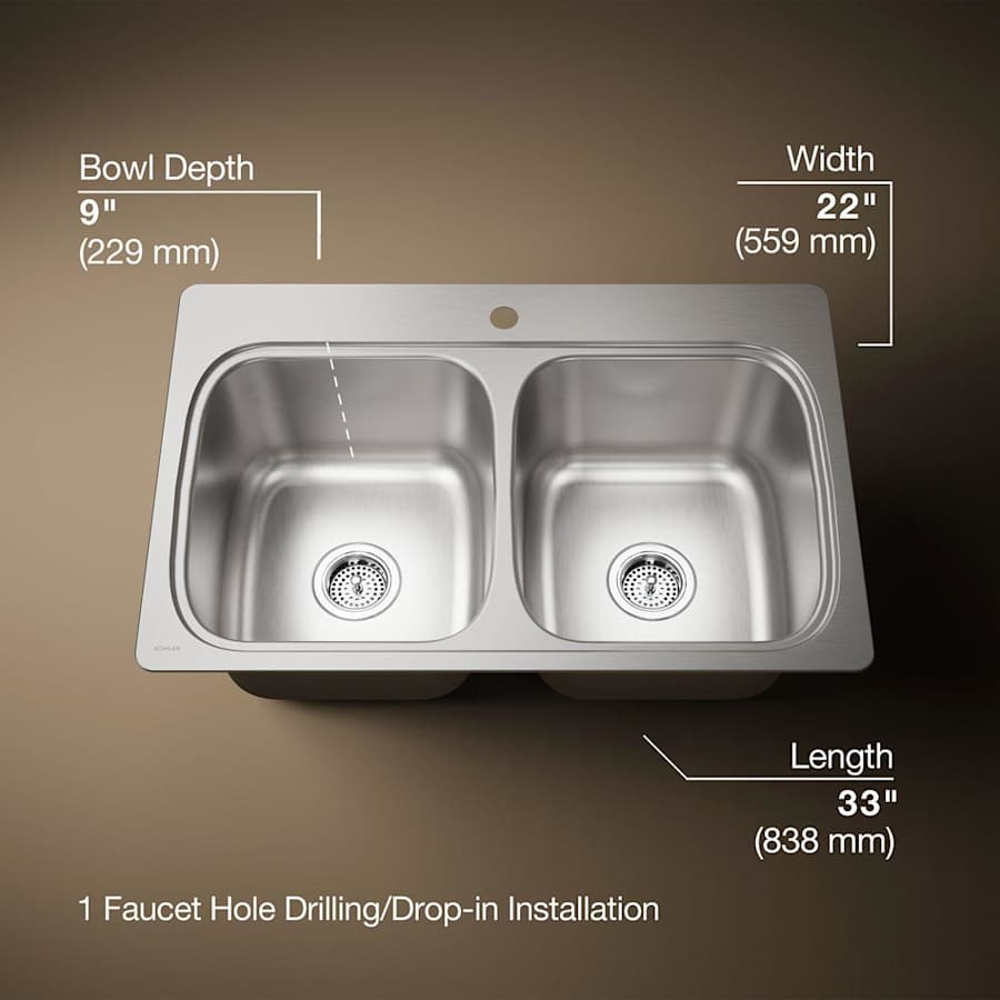 Verse 33" Double Basin Drop In Stainless Steel Kitchen Sink With Single Faucet Hole
