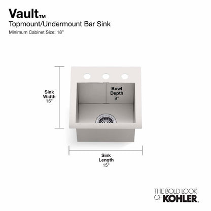 Vault 15" Drop In or Undermount Single Basin Stainless Steel Bar Sink with Single Faucet Hole