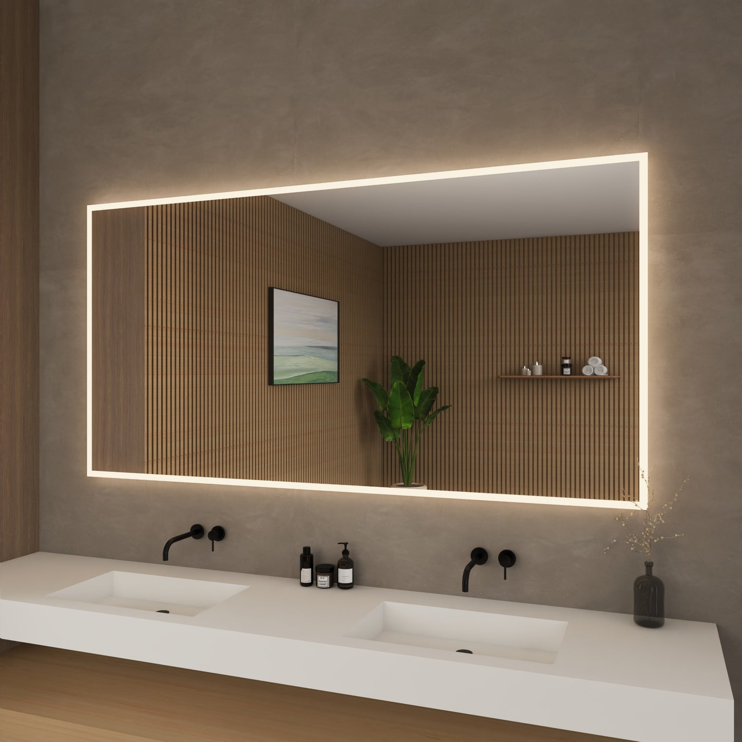 Hilton Frameless LED Perimeter Lighted Bathroom Vanity Mirror with Dimmer and Defogger - 70W x 36H x 1.38D