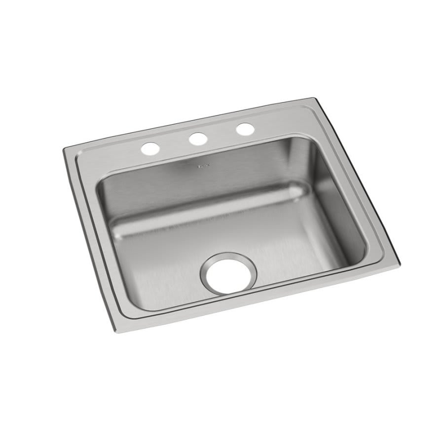 Celebrity Single Bowl Kitchen Sink, Top Mount, 22 x 19-1/2 in, 7 in Bowl Depth, 3-Hole, 20 ga Brushed Satin Steel, Stainless