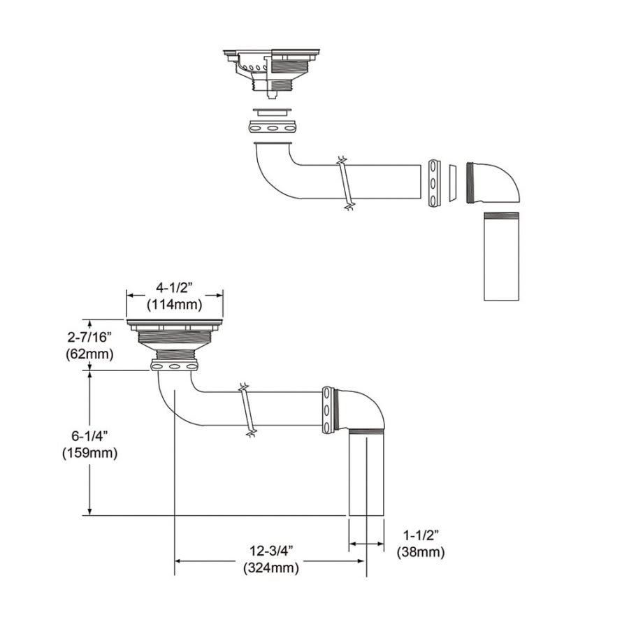 3-1/2 in, Drain Fitting in, Polished Stainless Steel Steel Body Strainer Basket and Offset Tailpiece