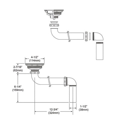 3-1/2 in, Drain Fitting in, Polished Stainless Steel Steel Body Strainer Basket and Offset Tailpiece