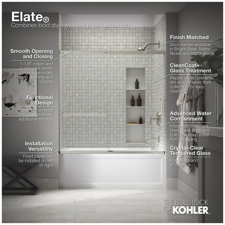 Elate 56-3/4" High x 59-5/8" Wide Sliding Semi Frameless Tub Door with Clear Glass