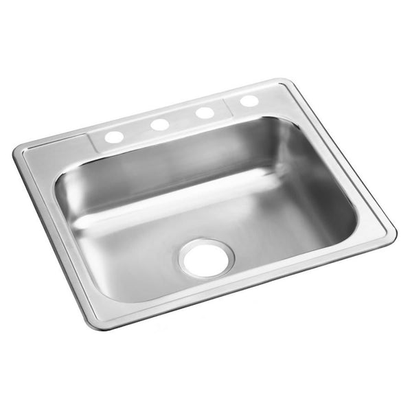 Dayton® Single Bowl Kitchen Sink, Top Mount, ADA, 25 x 22 in, 6-3/8 in Bowl Depth, 4-Hole, 22 ga Satin Steel, Stainless