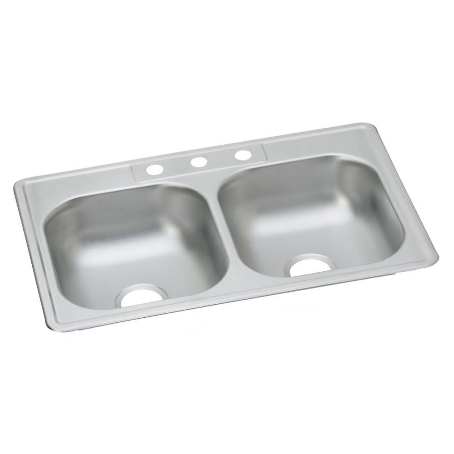 Dayton® Double Bowl Kitchen Sink, Top Mount, ADA, 33 x 22 in, 6-3/8 in Bowl Depth, 3-Hole, 22 ga Satin Steel, Stainless