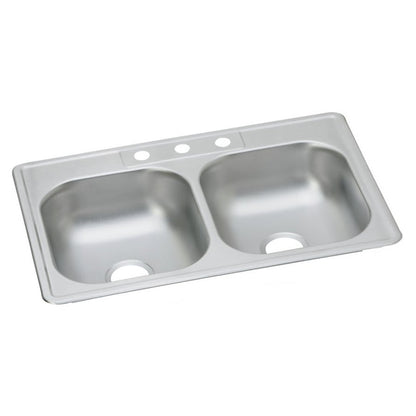 Dayton® Double Bowl Kitchen Sink, Top Mount, ADA, 33 x 22 in, 6-3/8 in Bowl Depth, 3-Hole, 22 ga Satin Steel, Stainless