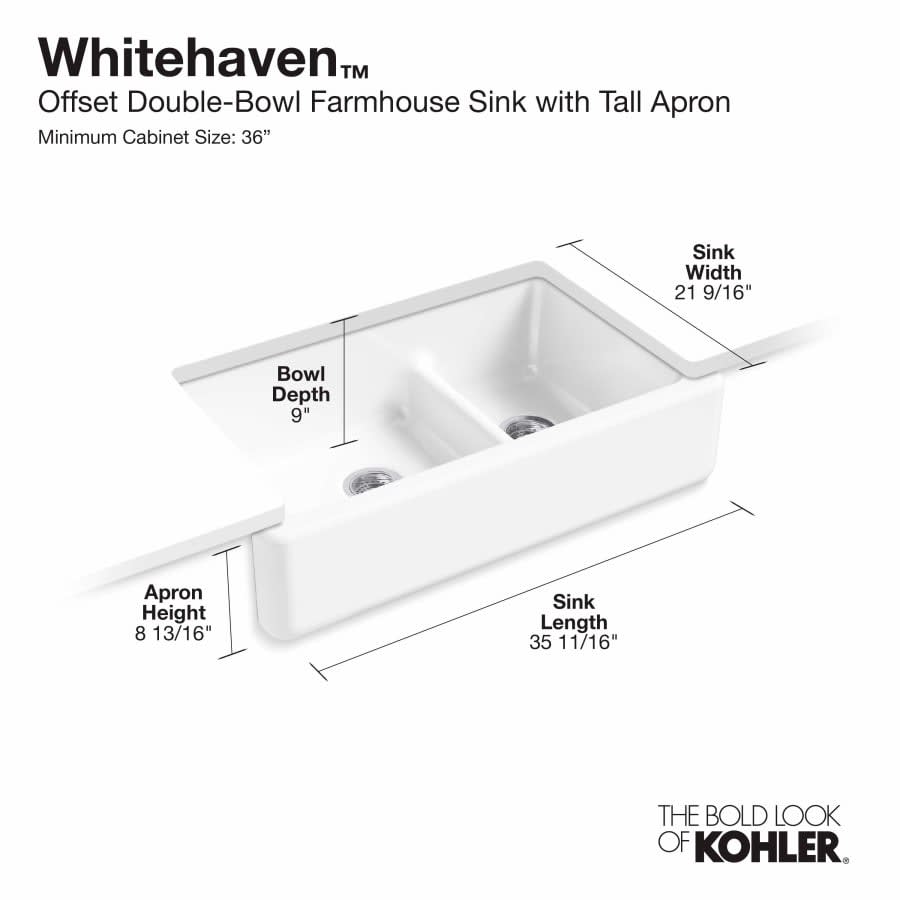 Whitehaven 36" Farmhouse Undermount Self-Trimming Double Basin Apron Front Cast Iron Kitchen Sink with Smart Divide Technology