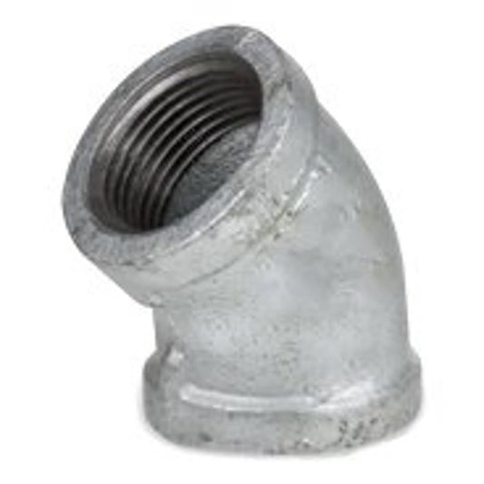 45 deg Elbow, 2-1/2 in, FNPT, 150 lb, Malleable Iron, Galvanized, Domestic