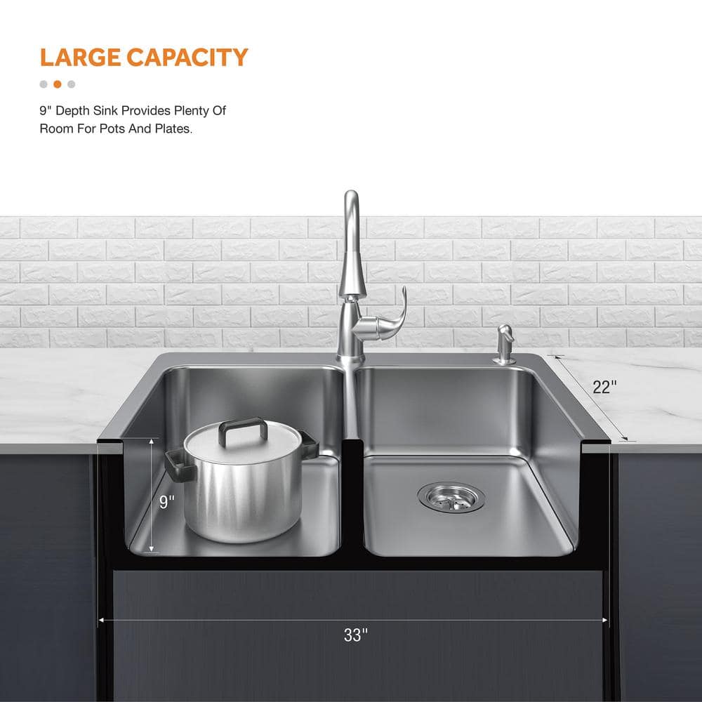 Bratten 33 in. Drop-In 50/50 Double Bowl 18 Gauge Stainless Steel Kitchen Sink with Accessories