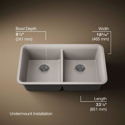 Cairn 33-1/2" Undermount Double Equal Bowl Neoroc Granite Composite Kitchen Sink with Right Sink Rack Included