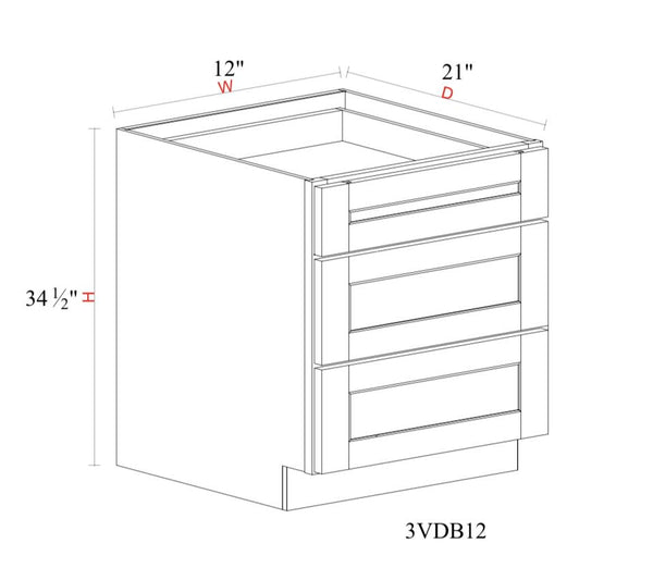 Vanity Drawer Base Cabinet - 12"W x 34- 1/2"H x 21"D- 3DRW