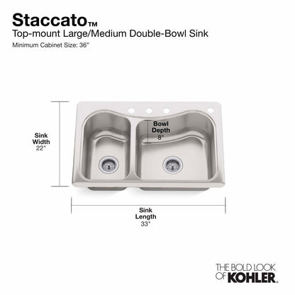 Staccato 33" Double Basin Drop In 18-Gauge Stainless Steel Kitchen Sink with SilentShield, Cutting Board, and Single Faucet Hole