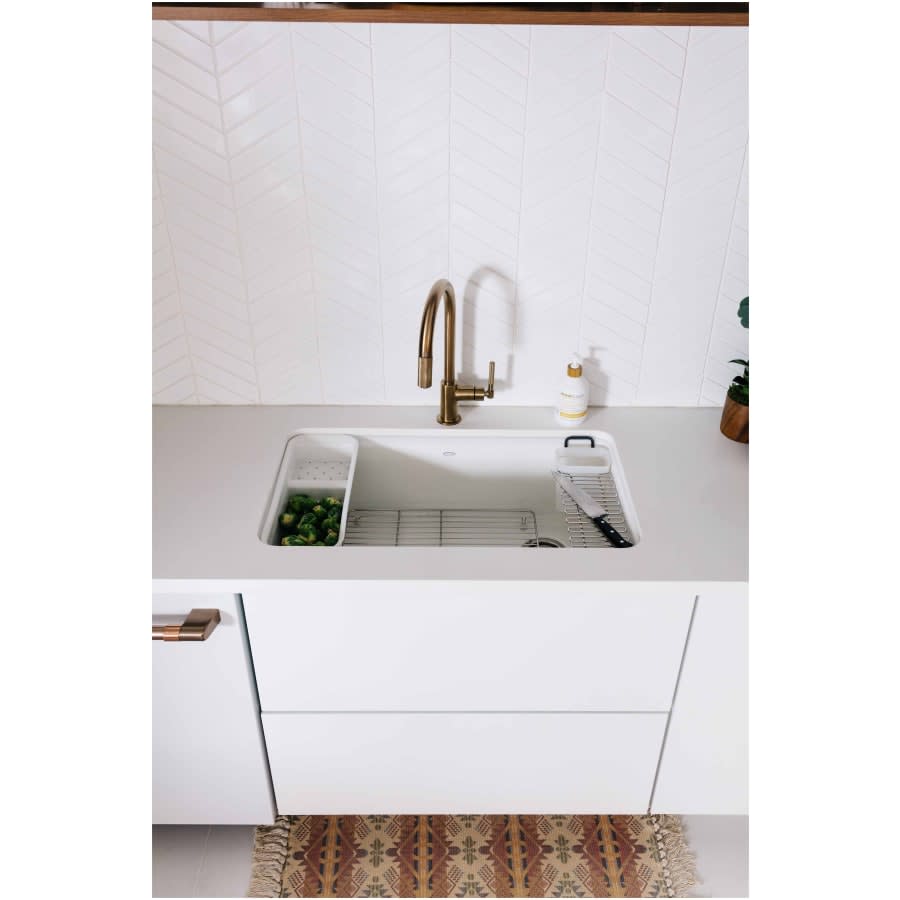 Riverby 33" Undermount Single Basin Enameled Cast Iron Workstation Kitchen Sink with Utility Rack, Sink Rack and Colander, and Intregral Cutting Board