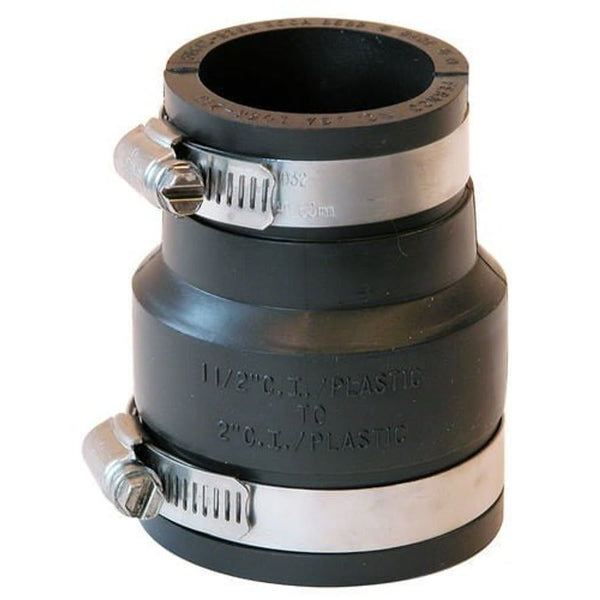 Transition Coupling, 2 x 1-1/2 in, Cast Iron/Plastic x Cast Iron/Plastic, Flexible PVC