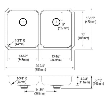 Lustertone™ Classic Double Bowl Kitchen Sink, Under Mount, ADA, 30-3/4 x 18-1/2 in, 4-3/8 in Bowl Depth, 18 ga Lustrous Satin Steel, Stainless