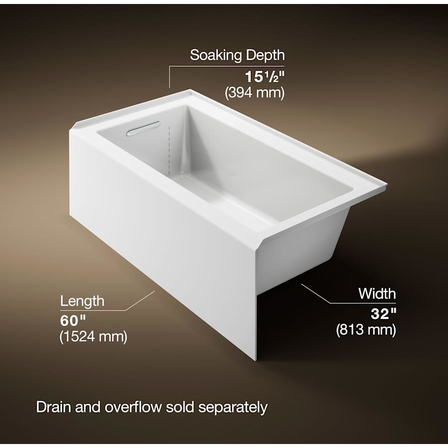 Underscore 60" Soaking Bathtub for Three Wall Alcove Installation with Left Drain and 68 Gallon Water Capacity