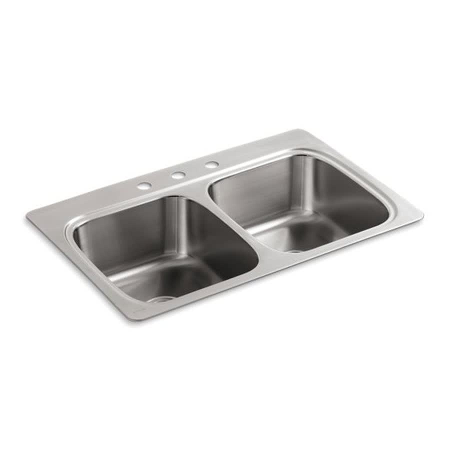 Verse™ Double Bowl Kitchen Sink, Top Mount, 33 x 22 in, 9-5/16 in Bowl Depth, 3-Hole, 18 ga Satin Steel, Stainless