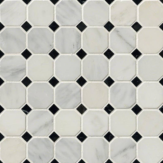 Greecian White 2" Octagon with Black 5/8x5/8 Polished in 12x12 Mesh