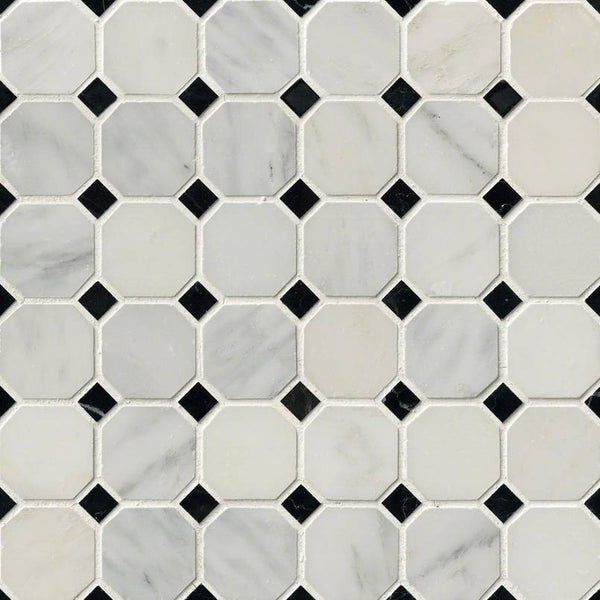 Greecian White 2" Octagon with Black 5//8 Polished in 12x12 Mesh