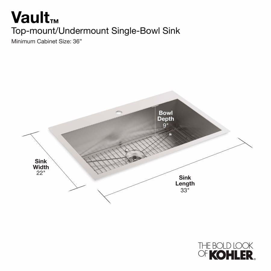 Vault 33" Single Basin Drop-In / Under-Mount 18-Gauge Stainless Steel Kitchen Sink with SilentShield - Basin Rack Included