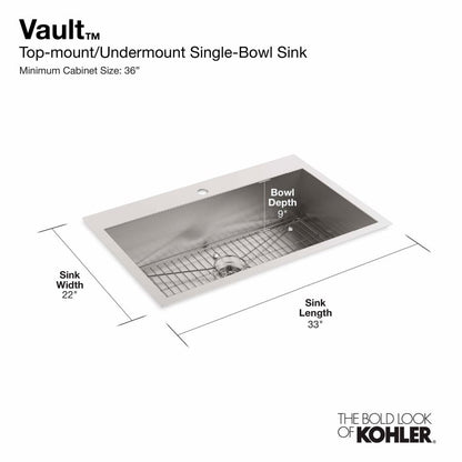 Vault 33" Single Basin Drop-In / Under-Mount 18-Gauge Stainless Steel Kitchen Sink with SilentShield - Basin Rack Included