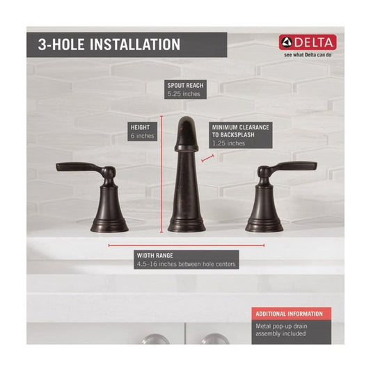 Woodhurst® Widespread Lavatory Faucet, ADA, 2 Handle, 3-Hole, 1.2 gpm, Venetian Bronze