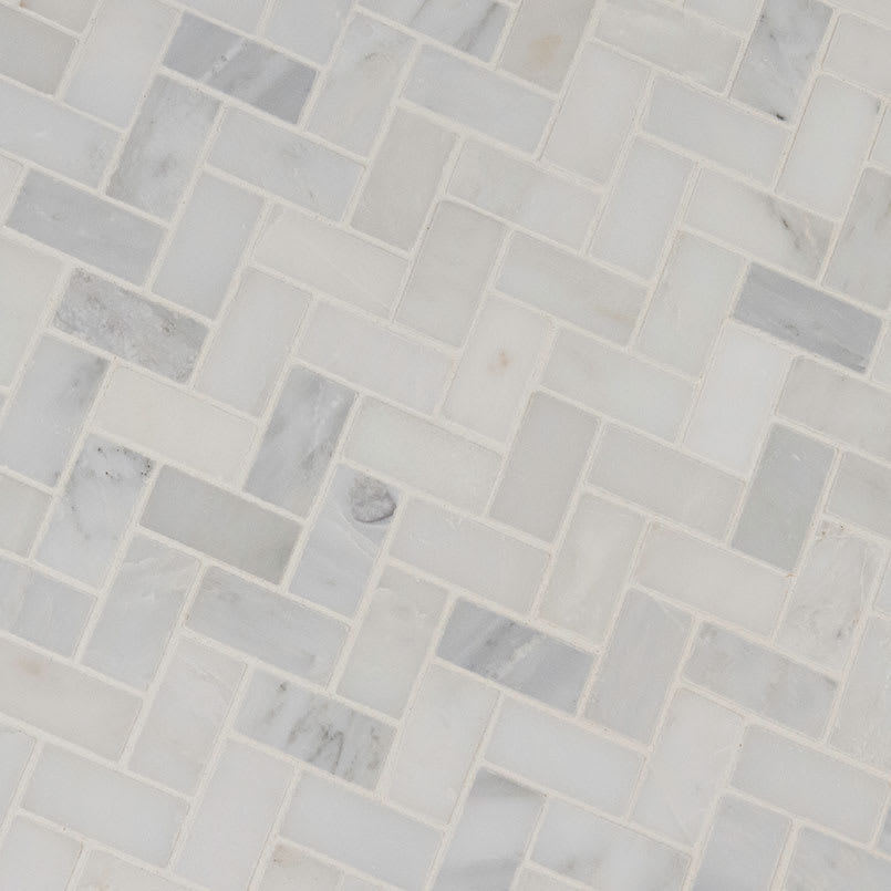 Arabescato Carrara Herringbone Pattern Honed in a Mesh