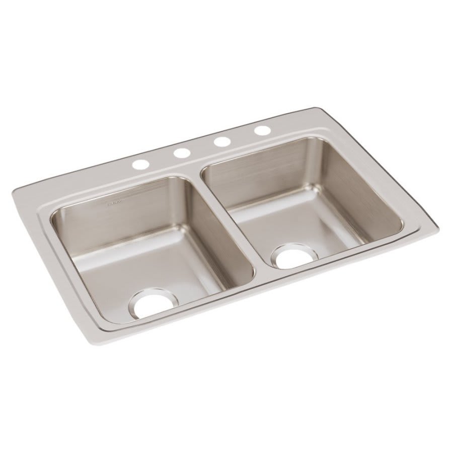Lustertone™ Classic Double Bowl Kitchen Sink, Top Mount, 33 x 22 in, 7-3/4 in Bowl Depth, 4-Hole, 18 ga Lustrous Satin Steel, Stainless