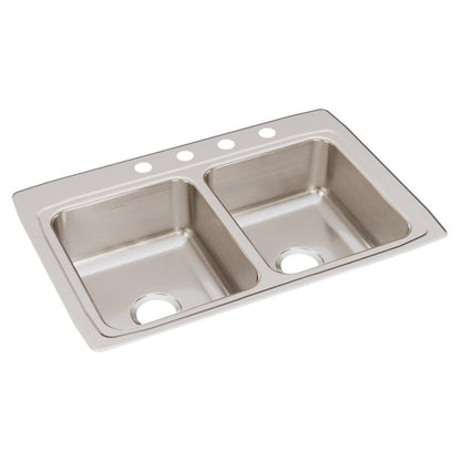 Lustertone™ Classic Double Bowl Kitchen Sink, Top Mount, 33 x 22 in, 7-3/4 in Bowl Depth, 4-Hole, 18 ga Lustrous Satin Steel, Stainless