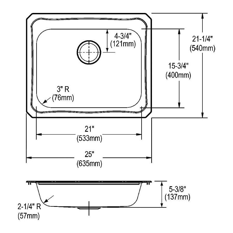 Celebrity Single Bowl Kitchen Sink, Top Mount, ADA, 25 x 21-1/4 in, 5-1/4 in Bowl Depth, 20 ga Brushed Satin Steel, Stainless