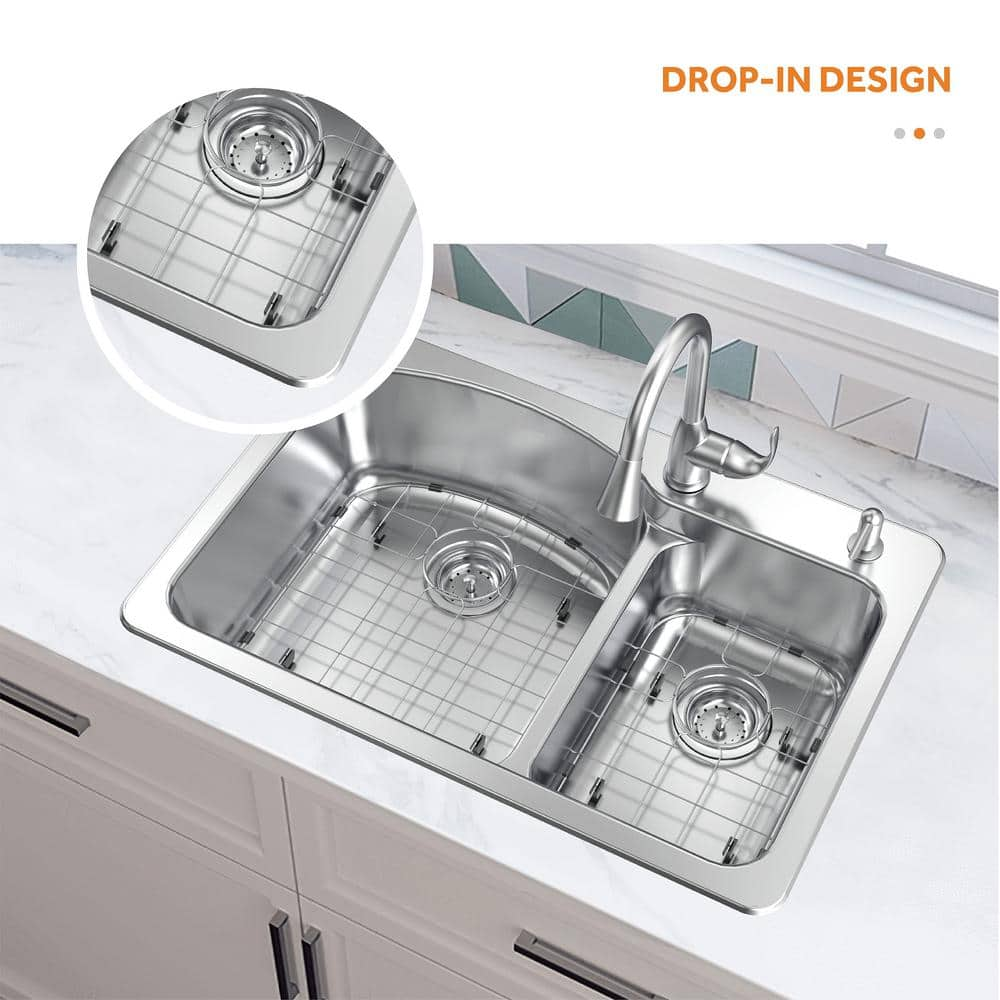 33 in. Drop-In 60/40 Double Bowl 18 Gauge Stainless Steel Kitchen Sink with Pull-Down Faucet