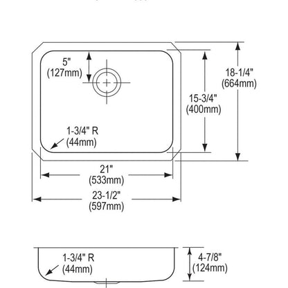 Lustertone™ Classic Single Bowl Kitchen Sink, Under Mount, ADA, 23-1/2 x 18-1/4 in, 4-7/8 in Bowl Depth, 18 ga Lustrous Satin Steel, Stainless