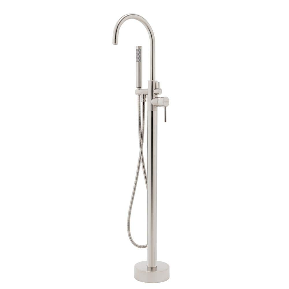 1-Handle Freestanding Floor Mount Tub Faucet Bathtub Filler with Hand Shower in Brush Nickel