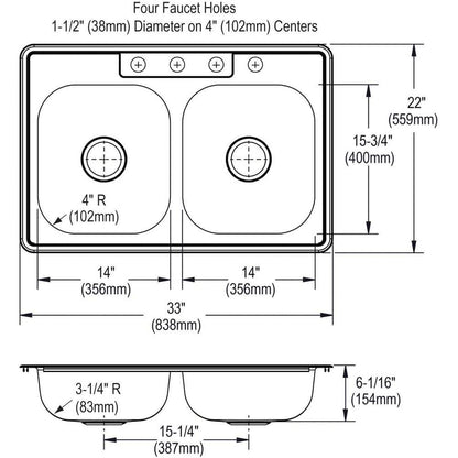 Glacier Bay Drop-In Stainless Steel 33 in. 4-Hole Double Bowl Kitchen Sink