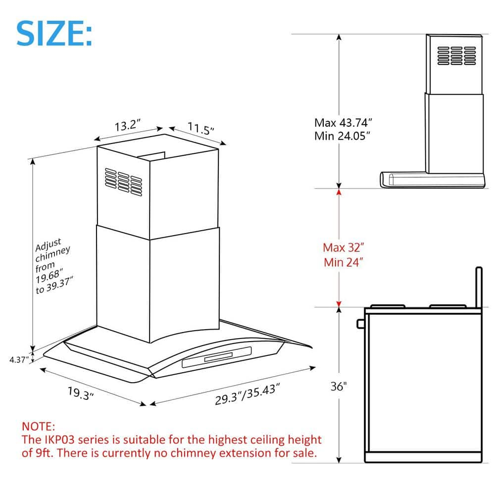 29.3 in. Wall Mount Range Hood Tempered Glass 900 CFM in Stainless Steel with LED Light and Remote Control