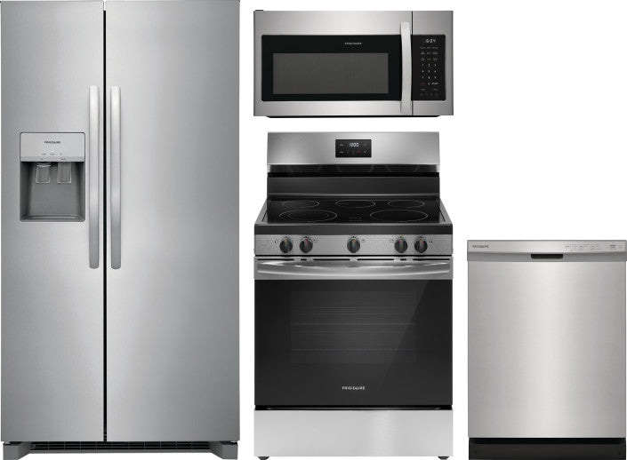 Frigidaire 4 Piece Kitchen Appliances Package with Side-by-Side Refrigerator, Electric Range, Dishwasher and Over the Range Microwave in Stainless Steel