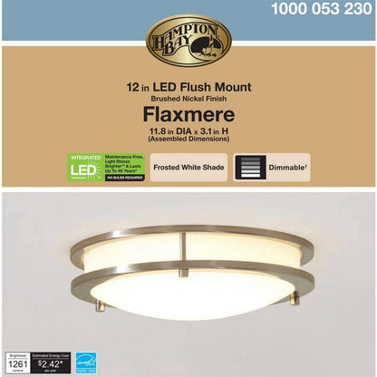 Hampton Bay Flaxmere 12 in. Brushed Nickel Dimmable LED Integrated Flush Mount with Frosted White Glass Shade