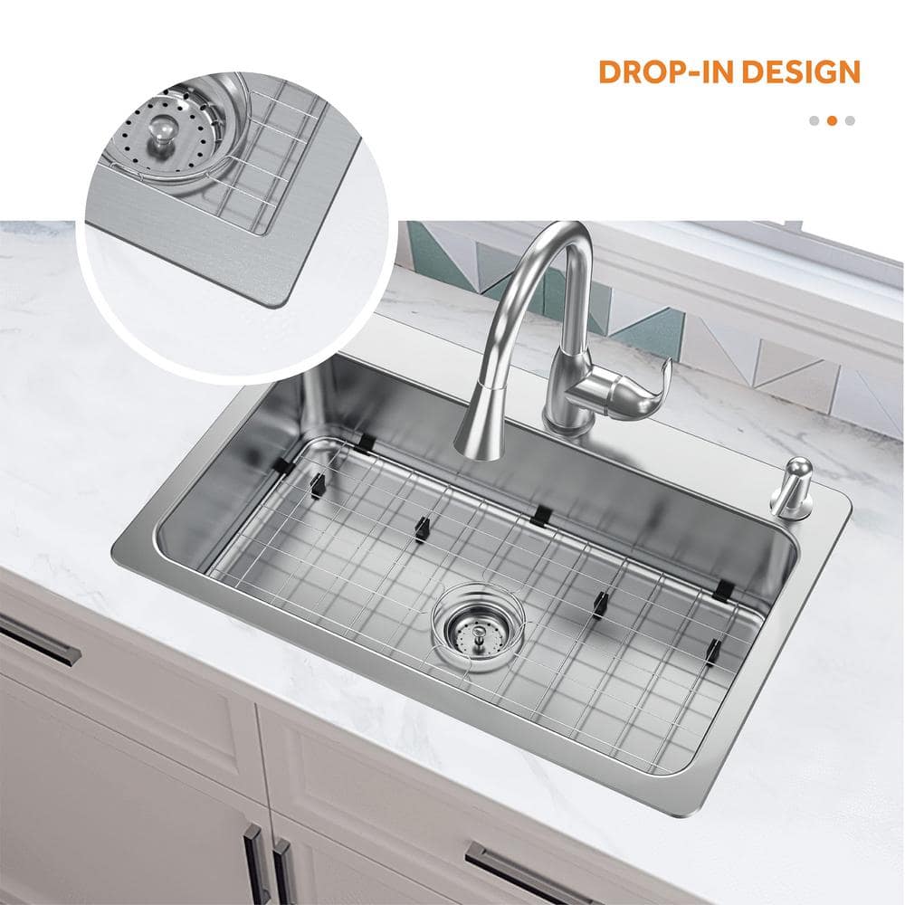 Bratten 33 in. Drop-In Single Bowl 18 Gauge Stainless Steel Kitchen Sink with Accessories