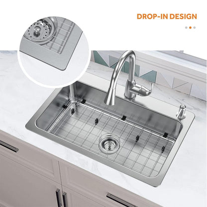 Bratten 33 in. Drop-In Single Bowl 18 Gauge Stainless Steel Kitchen Sink with Accessories