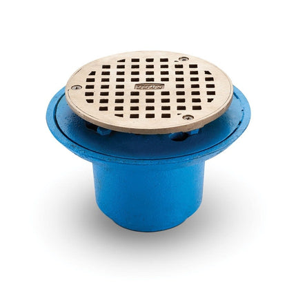 Round Shower Drain, 6-3/8 in OD, 2 in, No-Hub, 5-3/16 in, Nickel Bronze Grid, Cast Iron Drain