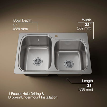 Verse 33" Double Basin Drop-In or Undermount Stainless Steel Kitchen Sink with SilentShield