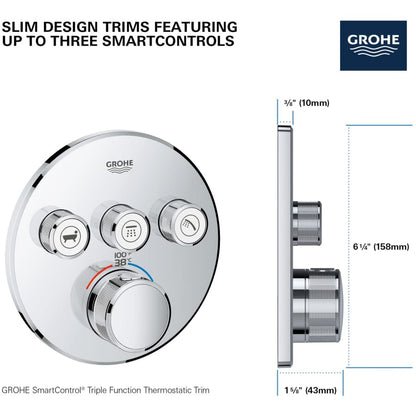 Grohtherm Triple Function Thermostatic Valve Trim Only with Triple Knob Handles and Volume Control - Less Rough In