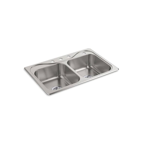 Southhaven® Double Bowl Kitchen Sink, Top Mount, 33 x 22 in, 7 in Bowl Depth, 4-Hole, 20 ga Satin Steel, Stainless