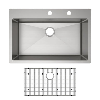 Crosstown® Single Bowl Kitchen Sink, Top/Under Mount, 33 x 22 in, 9 in Bowl Depth, 2-Hole, 18 ga Polished Satin Steel, Stainless